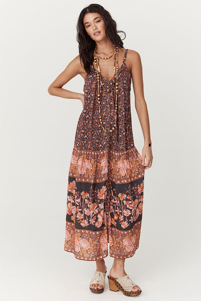 Love Jetty Strappy Maxi Dress Balmy Nights, front view, ditsy floral bodice with border rose print hem