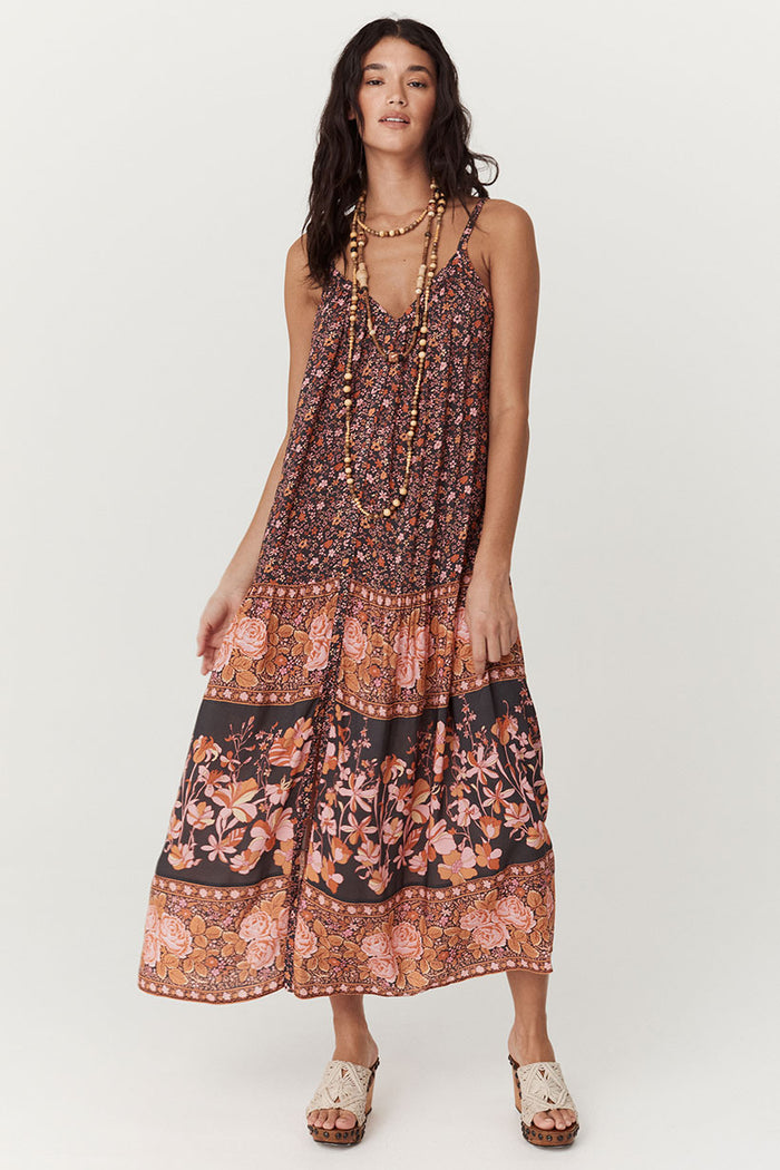 Love Jetty Strappy Maxi Dress Balmy Nights, front view showing V-neck, button placket and border floral print