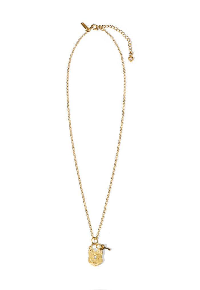 Gold-plated brass Love Lock Charm Necklace with engraved padlock and key pendant on fine curb chain, 48cm