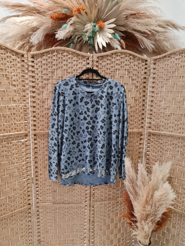 Made in Italy Grey Animal Print Embellished Top Medium