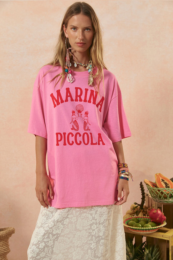 Spell women's Marina Piccola Oversized Biker Tee in Cosmos Pink with red mermaid graphic print