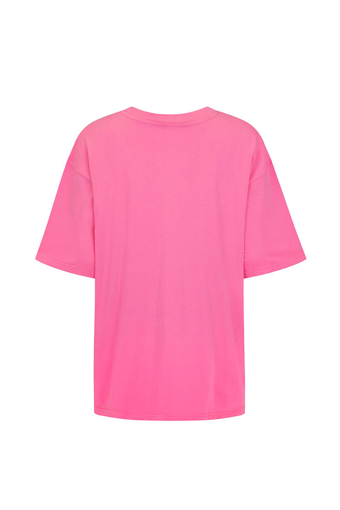Back view of cosmos pink oversized t-shirt on white background, plain reverse with drop shoulders