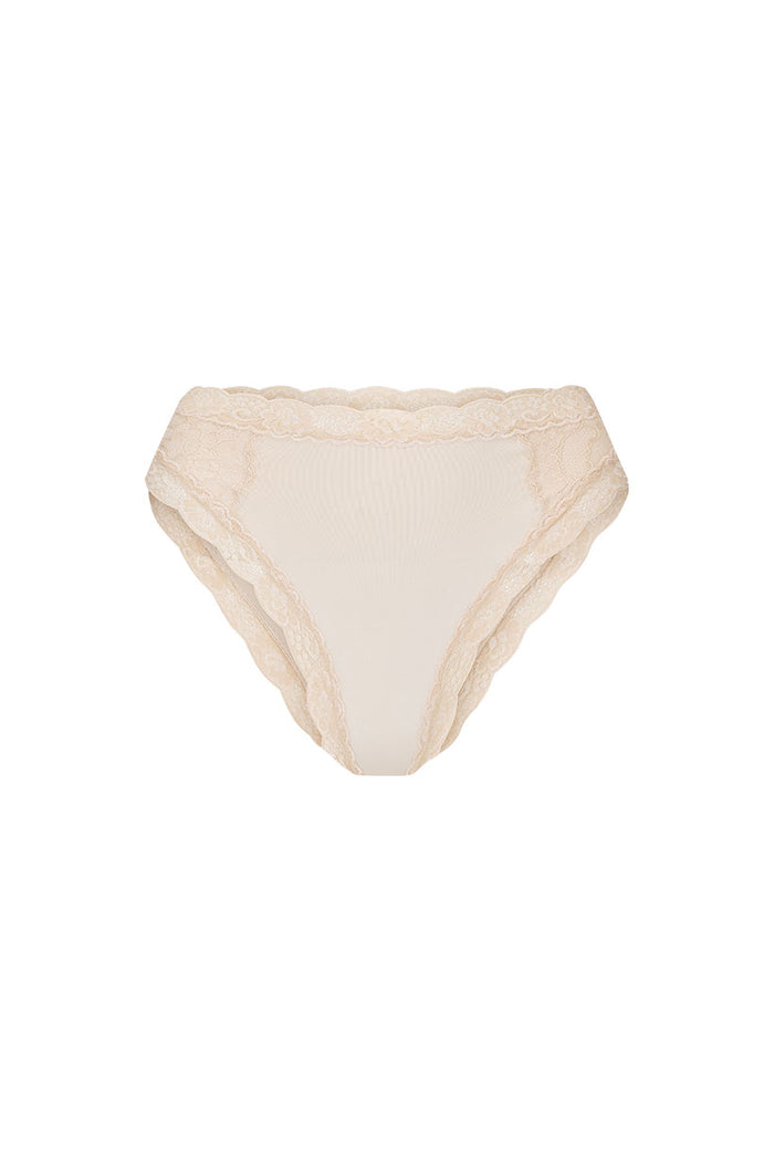Melody Brief in Antique Creme, front view flat lay, scalloped lace border trim on white background