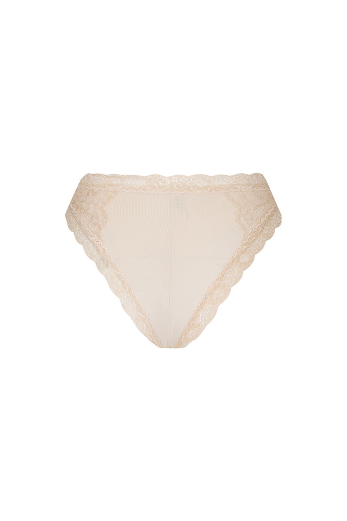 Melody Brief in Antique Creme, front view flat lay showing scalloped lace border trim on white background