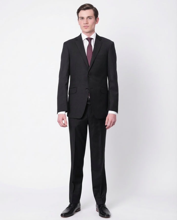 Men's Euro Slim Fit Solid Black Two Button 2 Piece 100% Wool Suit - The Suit Depot