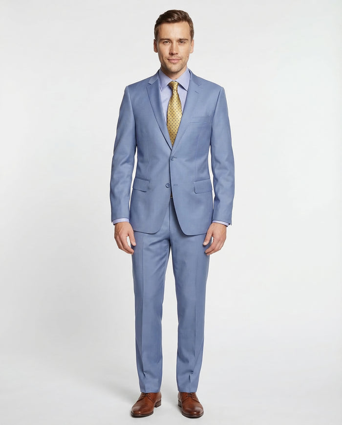 Mens Solid Light Blue 100% Wool 2 Button 2 Piece Regular Fit Suit - The Suit Depot