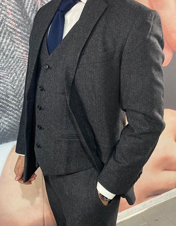 Men's Suit 3pcs Black Herringbone Slim Fit Wedding Grooms Tuxedos Prom