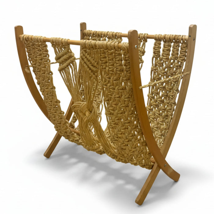 Mid-Century Macramé Magazine Rack, 1960s | Czech Folding Wooden Stand by ÚLUV