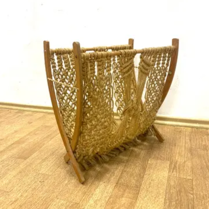 Mid-Century Macramé Magazine Rack, 1960s | Czech Folding Wooden Stand by ÚLUV