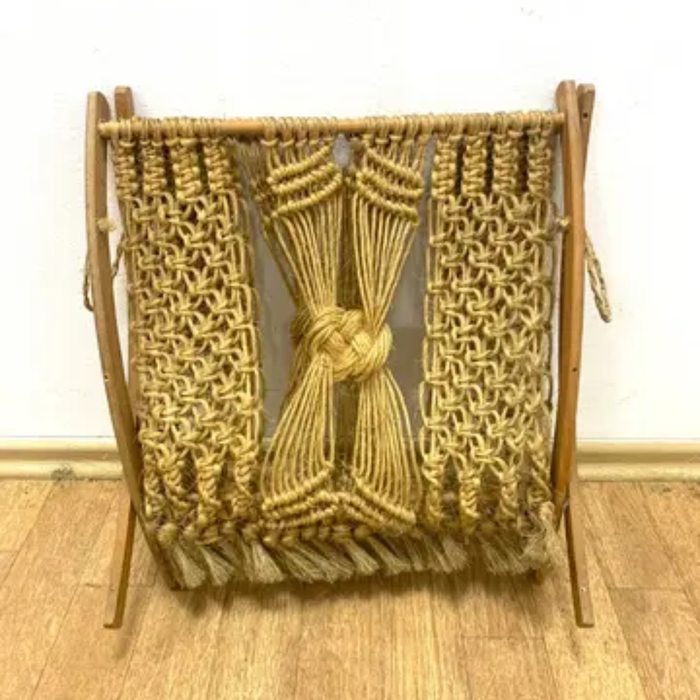 Mid-Century Macramé Magazine Rack, 1960s | Czech Folding Wooden Stand by ÚLUV