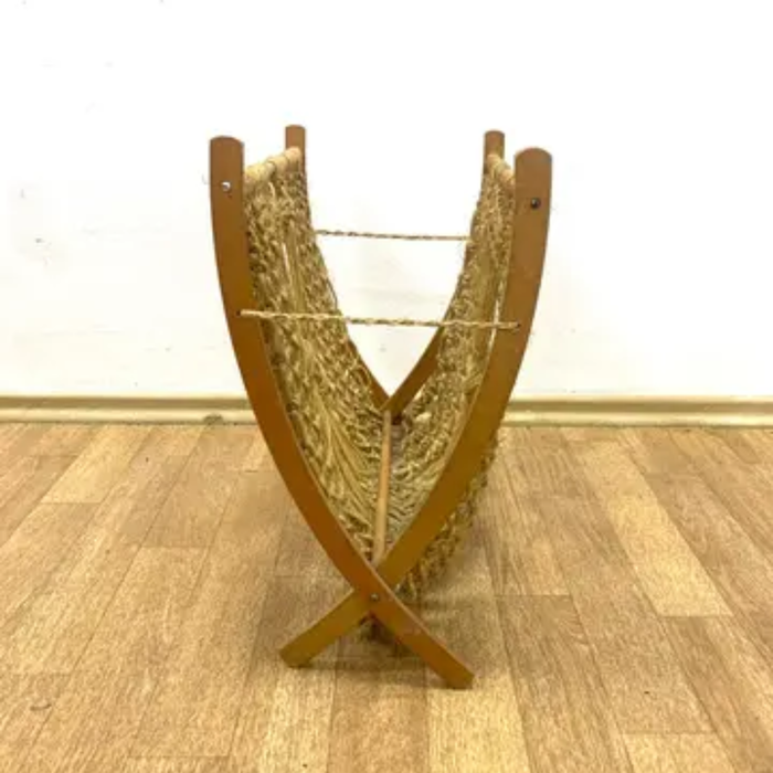 Mid-Century Macramé Magazine Rack, 1960s | Czech Folding Wooden Stand by ÚLUV