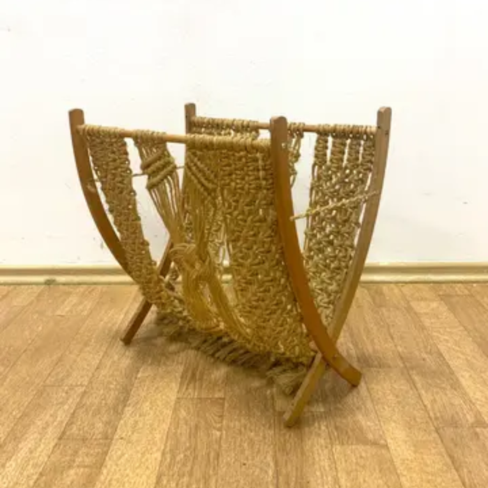 Mid-Century Macramé Magazine Rack, 1960s | Czech Folding Wooden Stand by ÚLUV