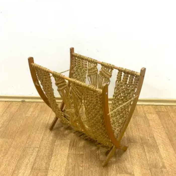 Mid-Century Macramé Magazine Rack, 1960s | Czech Folding Wooden Stand by ÚLUV