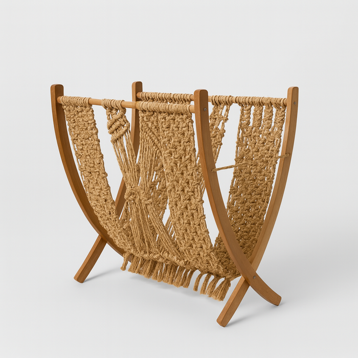 Mid-Century Macramé Magazine Rack, 1960s | Czech Folding Wooden Stand by ÚLUV