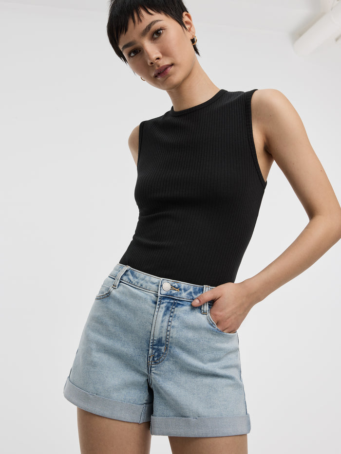 Mid-Rise Denim Shorts with Rolled Hem