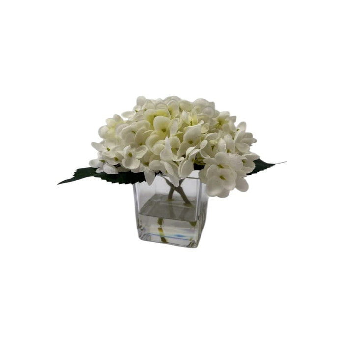 Mini Faux Cream Hydrangeas Floral Arrangement in Square Glass Vase Accessories