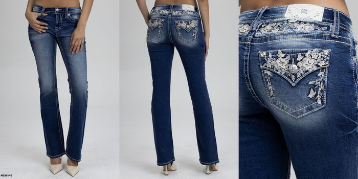 models showcasing miss me jeans with floral embroidered pocket