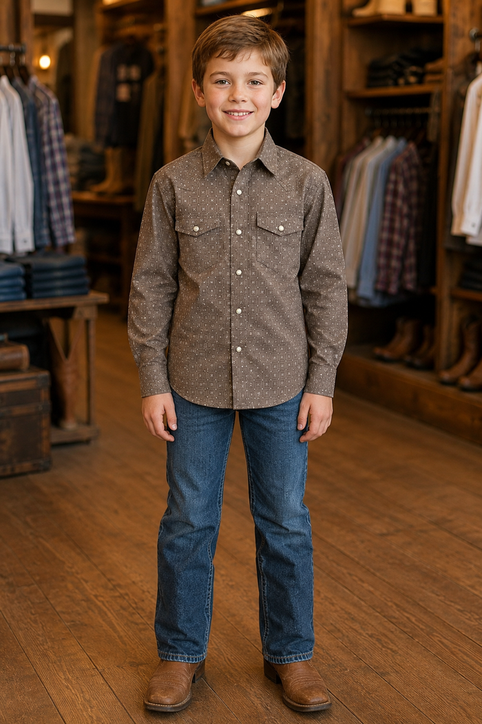 Montana Co. Boys’ Brown Geo Pearl Snap Shirt