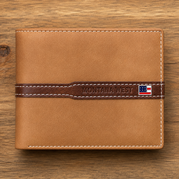 Montana West Genuine Leather Bi-Fold Wallet – Tan with American Flag Accent