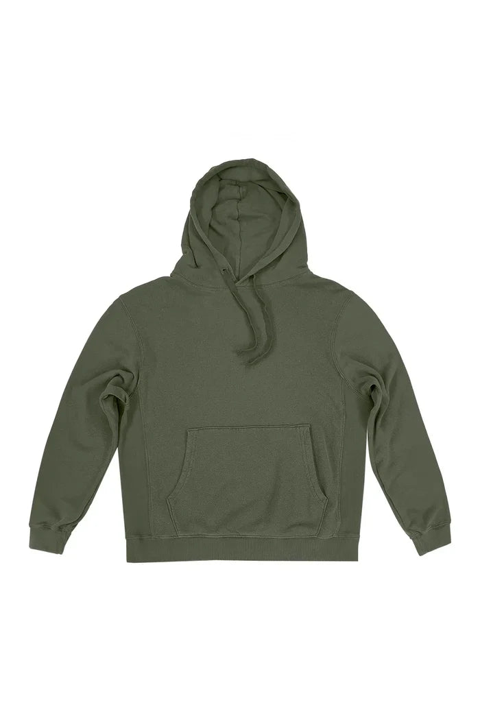 Jungmaven Montauk Hooded Sweatshirt in Olive Green — flat lay showing classic fit hoodie with kangaroo pocket and drawcord, on white background