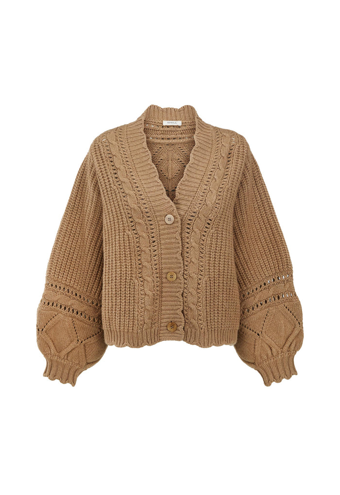 Flat lay front view, toasted almond RWS wool-cotton cardigan with cable knit detail, button front and blouson sleeves
