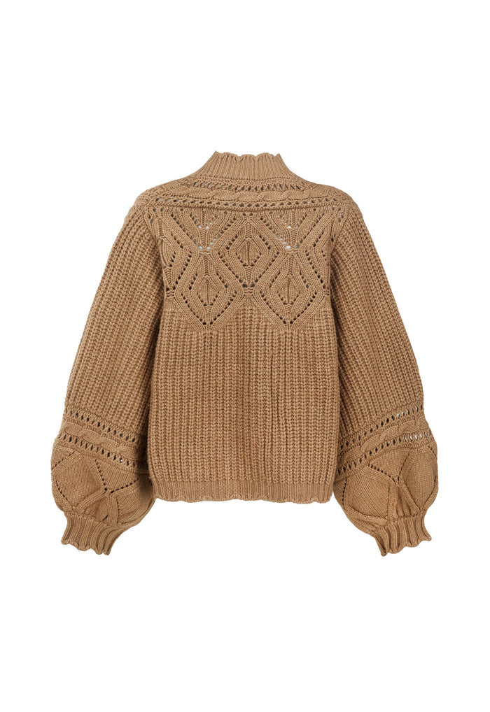 Toasted almond knit sweater flat lay, back view showing pointelle yoke detail and blouson sleeves on white background