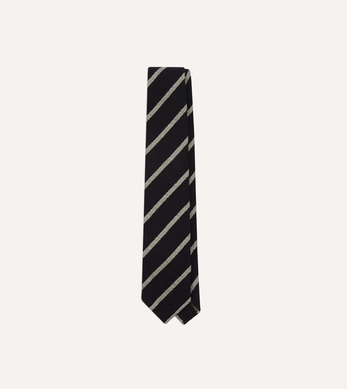 Navy and White Line Stripe Hand Rolled Wool Tie