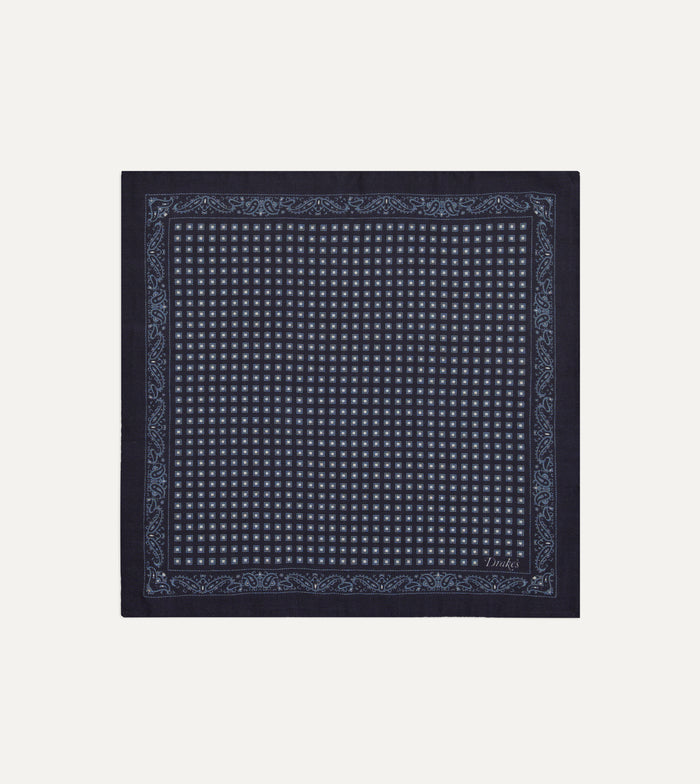 Navy Paisley Border Medallion Print Wool-Silk Pocket Square