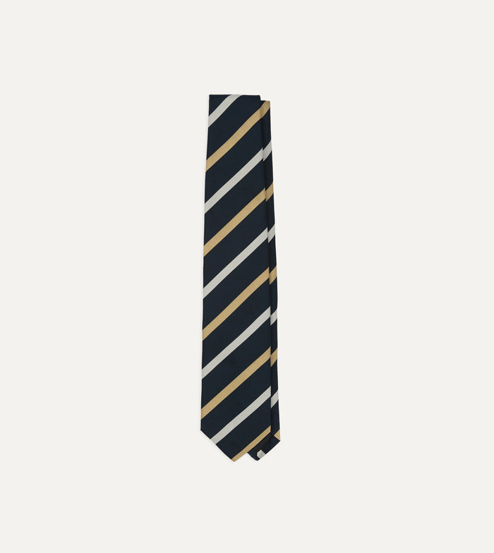 Navy, White and Sand Stripe Mogador Cotton-Silk Tipped Tie