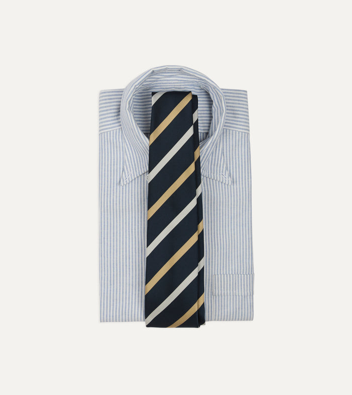 Navy, White and Sand Stripe Mogador Cotton-Silk Tipped Tie
