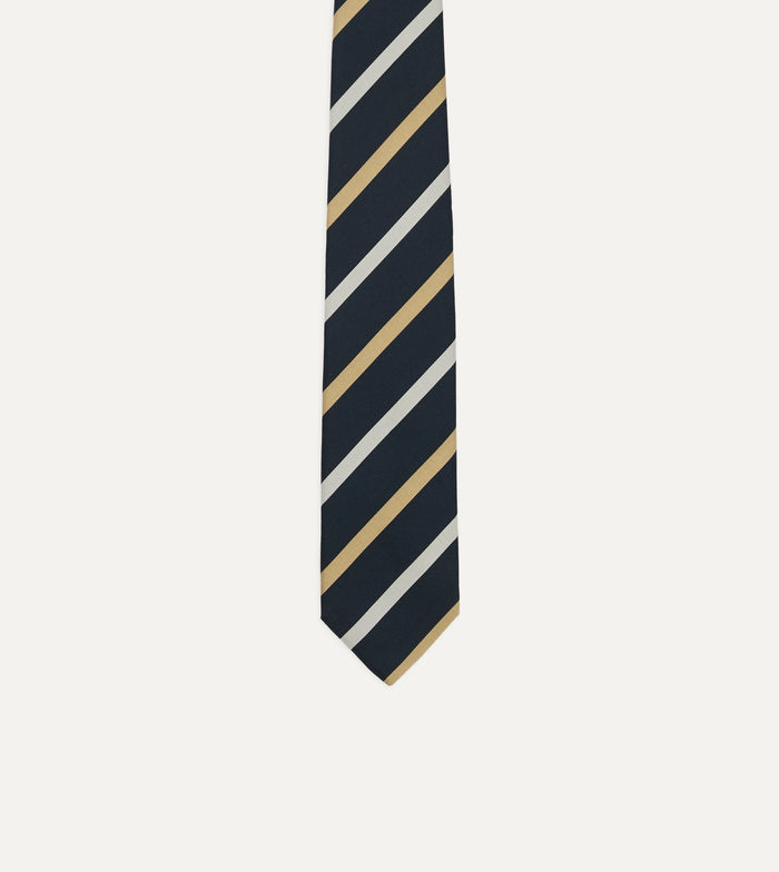 Navy, White and Sand Stripe Mogador Cotton-Silk Tipped Tie