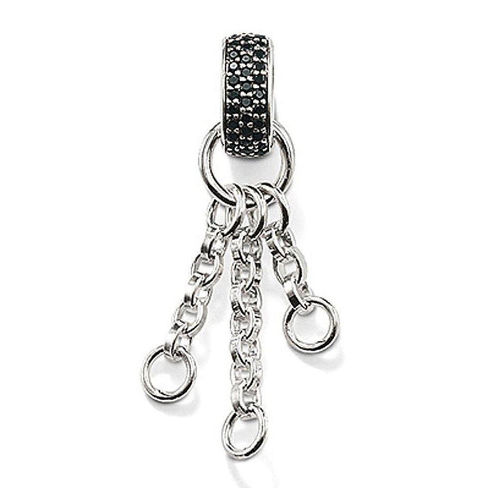 Silver necklace charm carrier with black zirconia accents, featuring three dangling chains and open loops for added pendants.