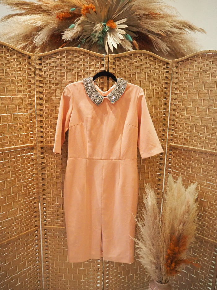 No Label Pink Jewelled Neck Midi Pencil Dress Size Large