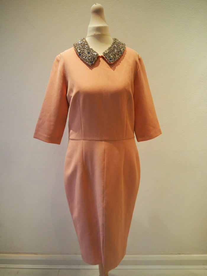 No Label Pink Jewelled Neck Midi Pencil Dress Size Large