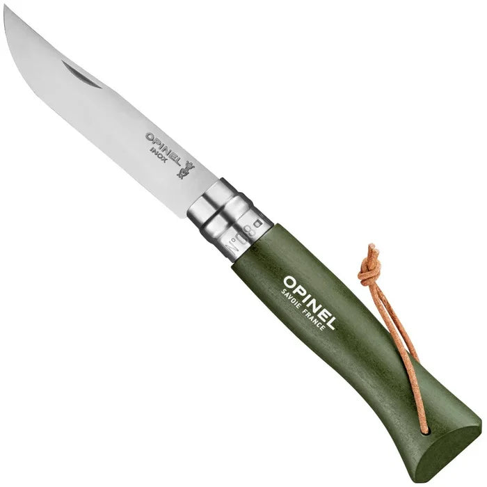 Opinel No.8 folding knife open, showing stainless steel blade, khaki green hornbeam handle with Virobloc safety ring, and leather lanyard