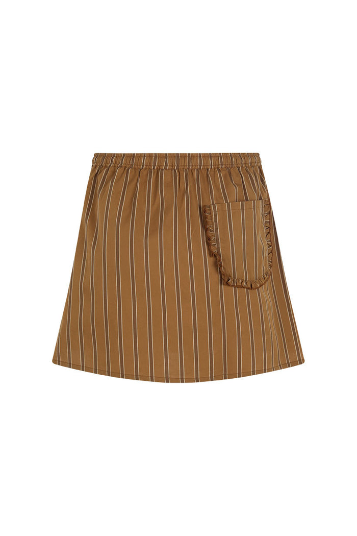 Back flat lay of caramel stripe organic cotton mini skirt showing frill-trimmed back pocket and elastic waist