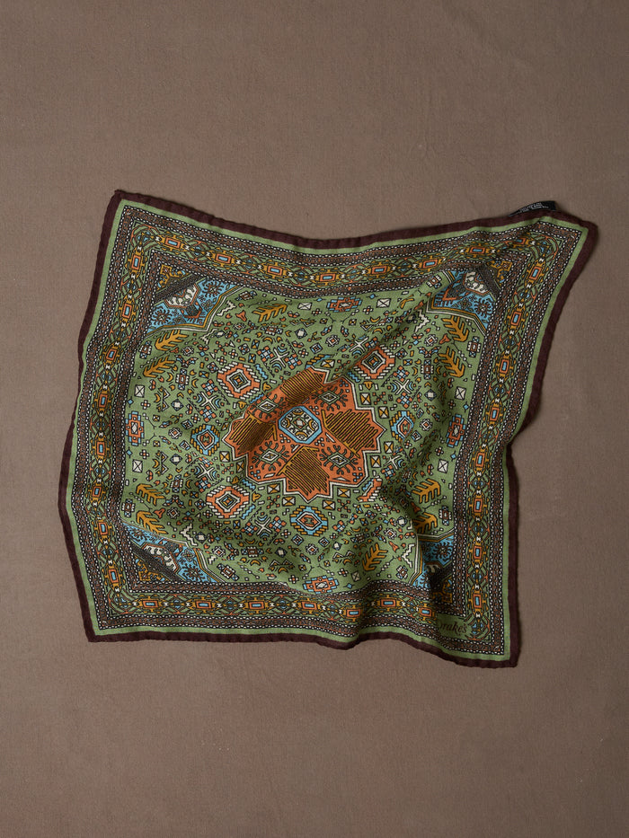 Olive and Burgundy Kelim Print Wool-Silk Pocket Square
