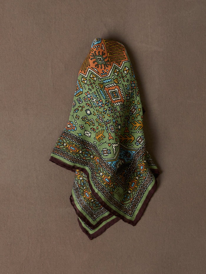 Olive and Burgundy Kelim Print Wool-Silk Pocket Square
