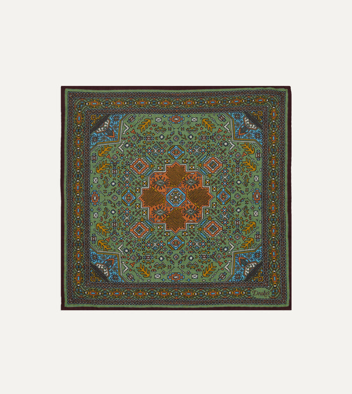 Olive and Burgundy Kelim Print Wool-Silk Pocket Square