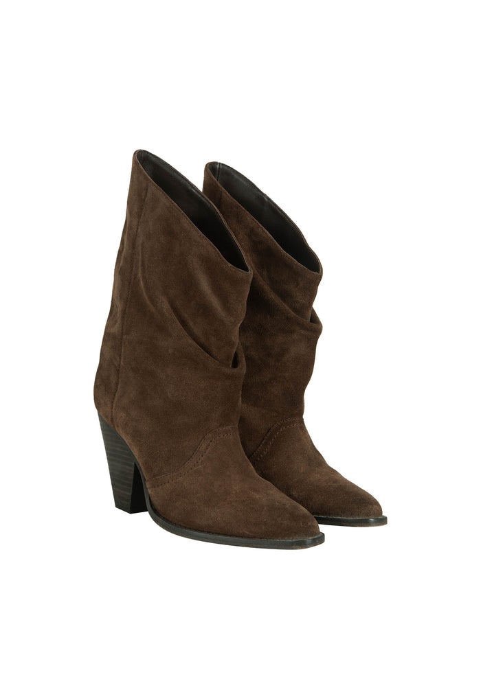 Chocolate suede slouchy ankle boots, front flat lay on white, showing pointed toe and stacked wood heel