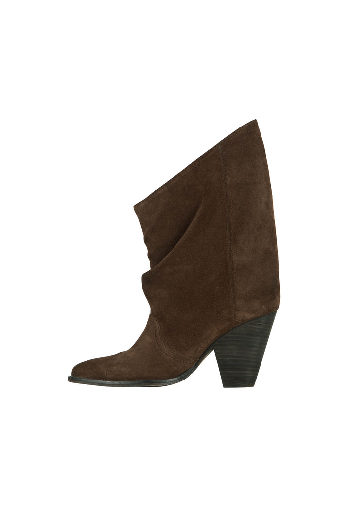 Side view of chocolate suede slouchy ankle boot showing stacked wood heel and front slouch detail on white background