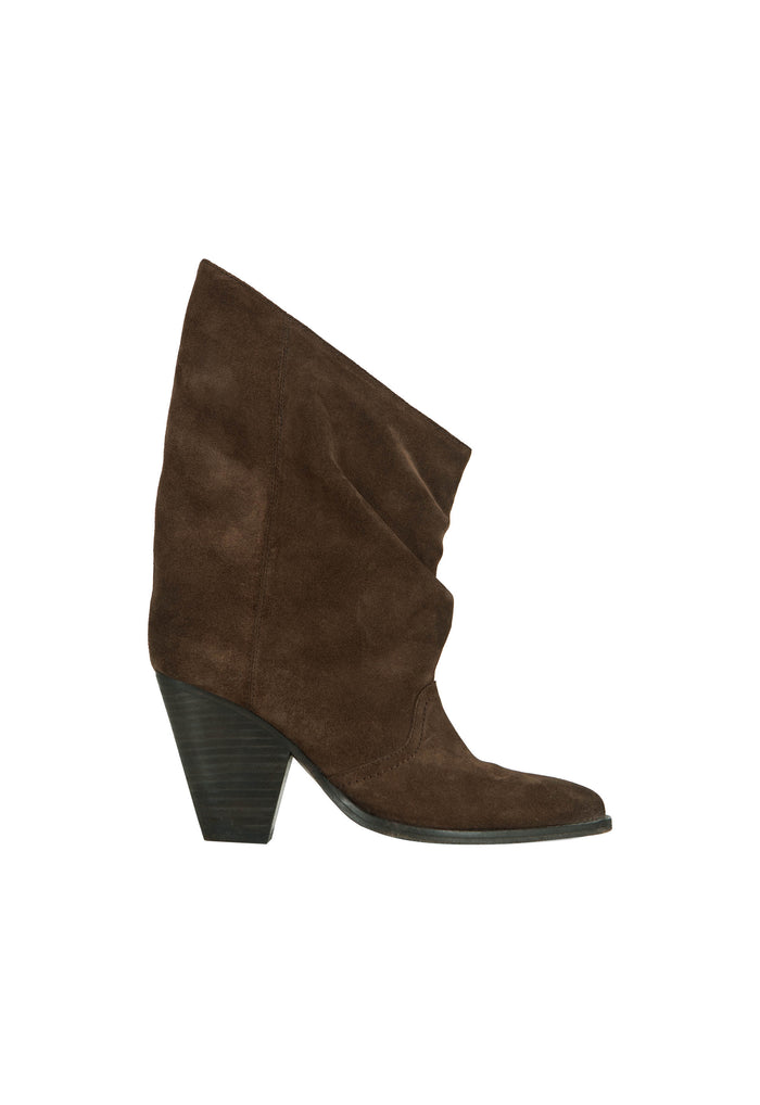 Chocolate suede slouchy ankle boot, back view showing stacked wood heel and higher rear shaft on white background