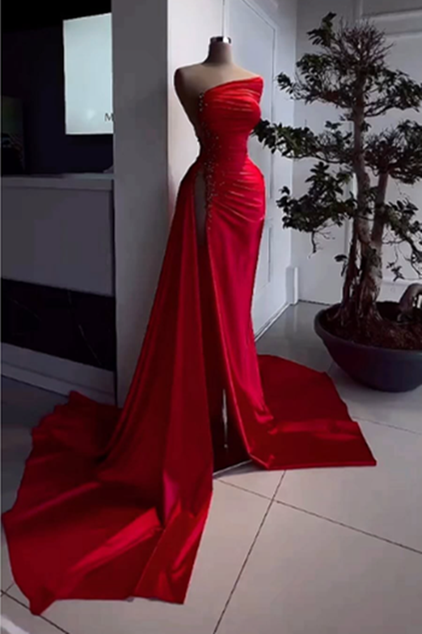 One-shoulder Red Satin Prom Dress 2025 with High Slit