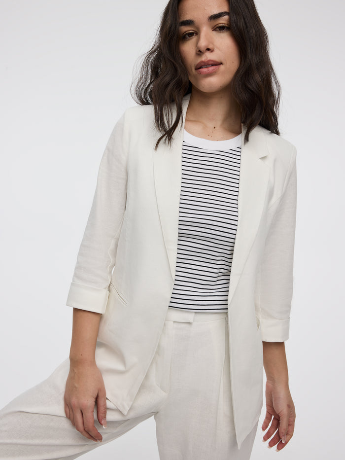 Open Linen Blazer with 3/4 Sleeves