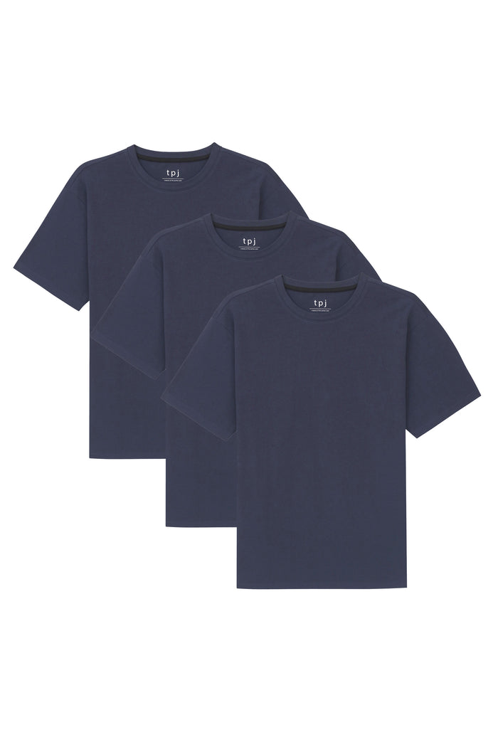 Three navy crew neck t-shirts with short sleeves stacked and overlapping.
