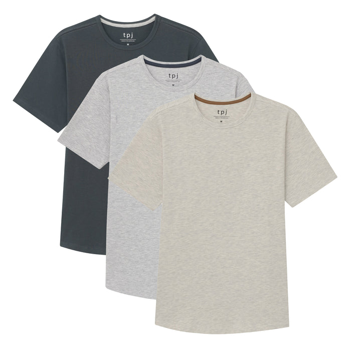 Three crew neck t-shirts in charcoal, light gray, and cream with short sleeves and contrast trim.