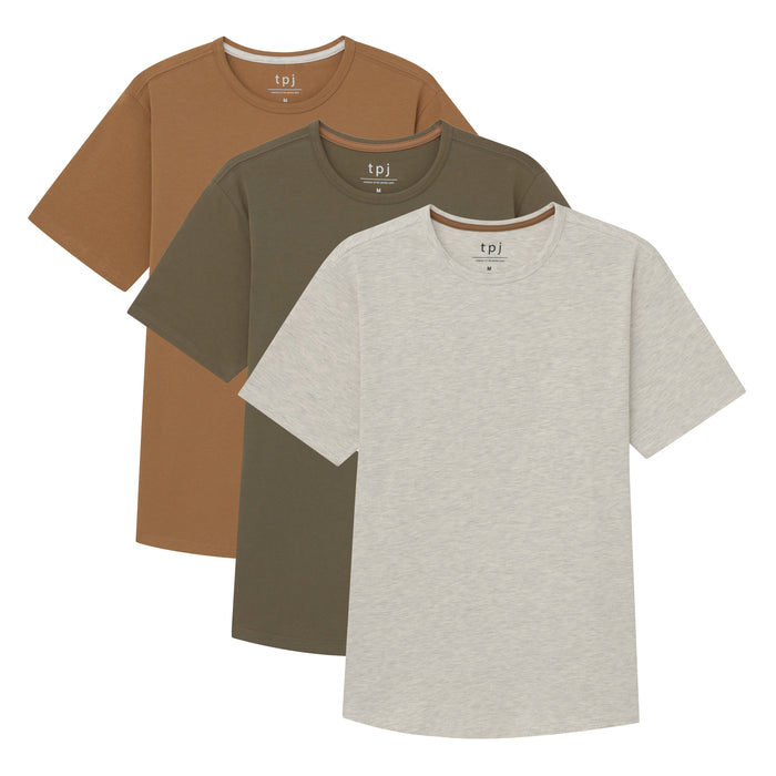 Three crew neck t-shirts in tan, olive, and oatmeal with contrasting trim displayed overlapped.