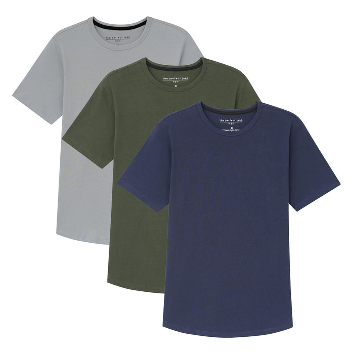 Three crew neck t-shirts in gray, olive green, and navy blue.