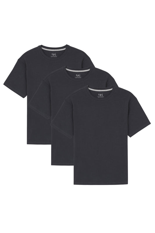 Three black crew neck t-shirts with short sleeves and gray neck trim, displayed overlapping.