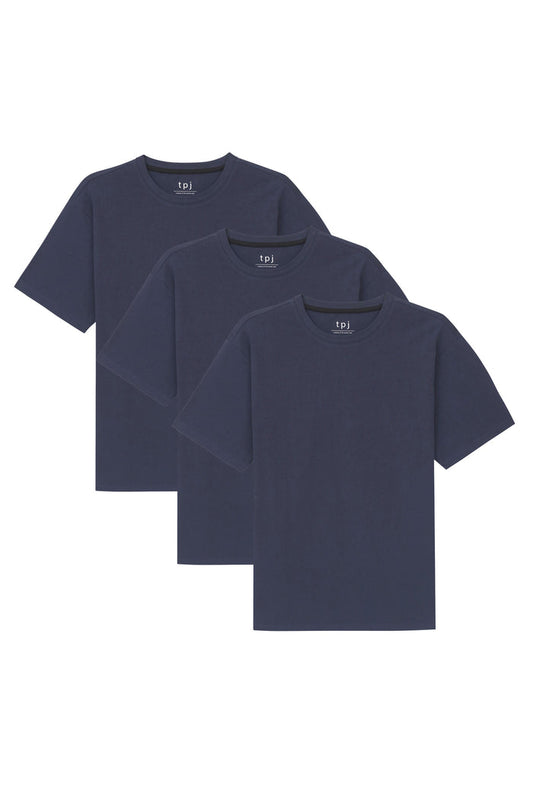 Three navy crew neck t-shirts with short sleeves stacked and overlapping.